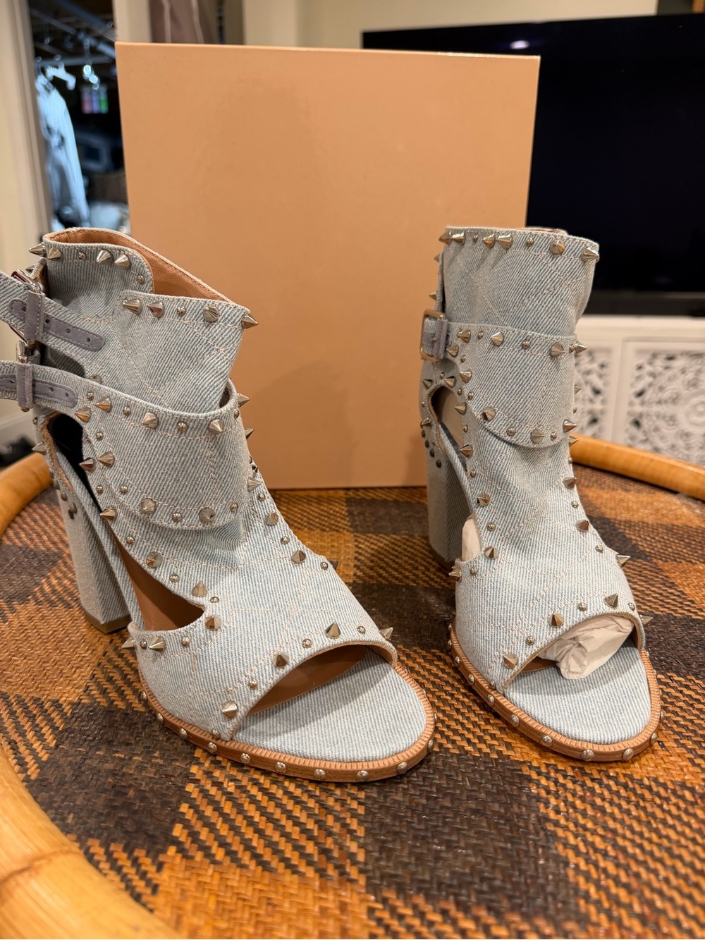 Laurence Dacade Light Blue Denim Studded Peep-Toe Block Heels